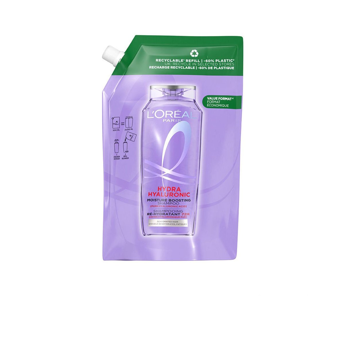Elvive Hidra Hialurónico champú 72h hidratación recarga eco pack 500 ml